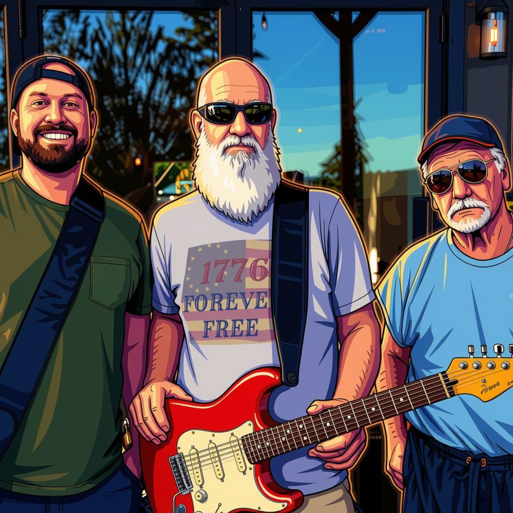 Pop-art illustration of the Phatt Ruby trio outside the venue at dusk, red Stratocaster front and centre
