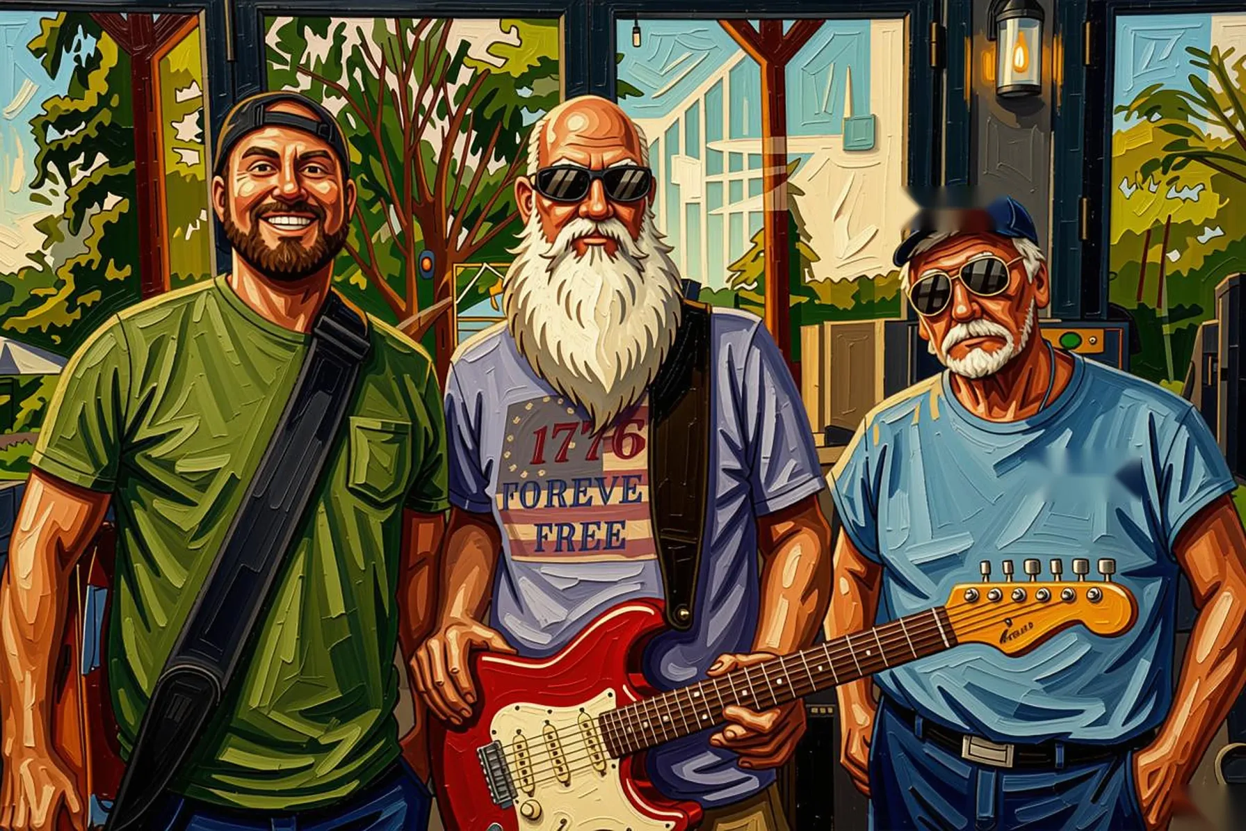Painted portrait of Phatt Ruby together — Grant Stampfli, Carey Calhoun and Mike Lynch